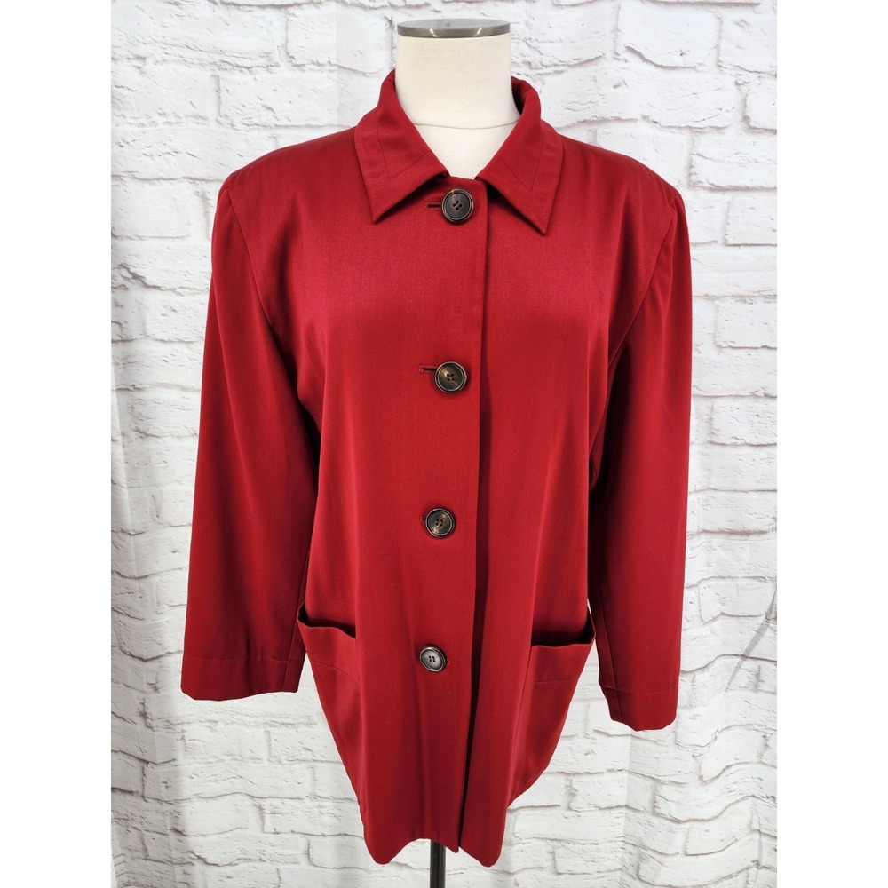 Perry Ellis Women‎ Italian Wool Red Jacket Euro Chic Timeless Patch Pocket Sz 12